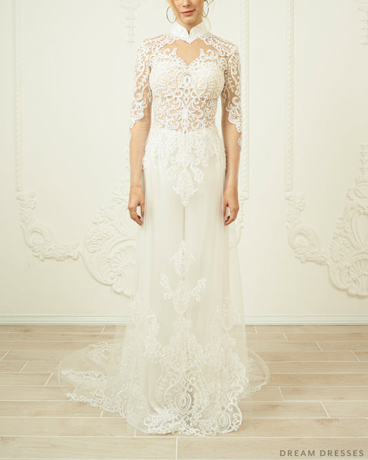 White Bridal Ao Dai | Modern Vietnamese Lace Bridal Dress (#FREYA) - Dream Dresses by P.M.N.