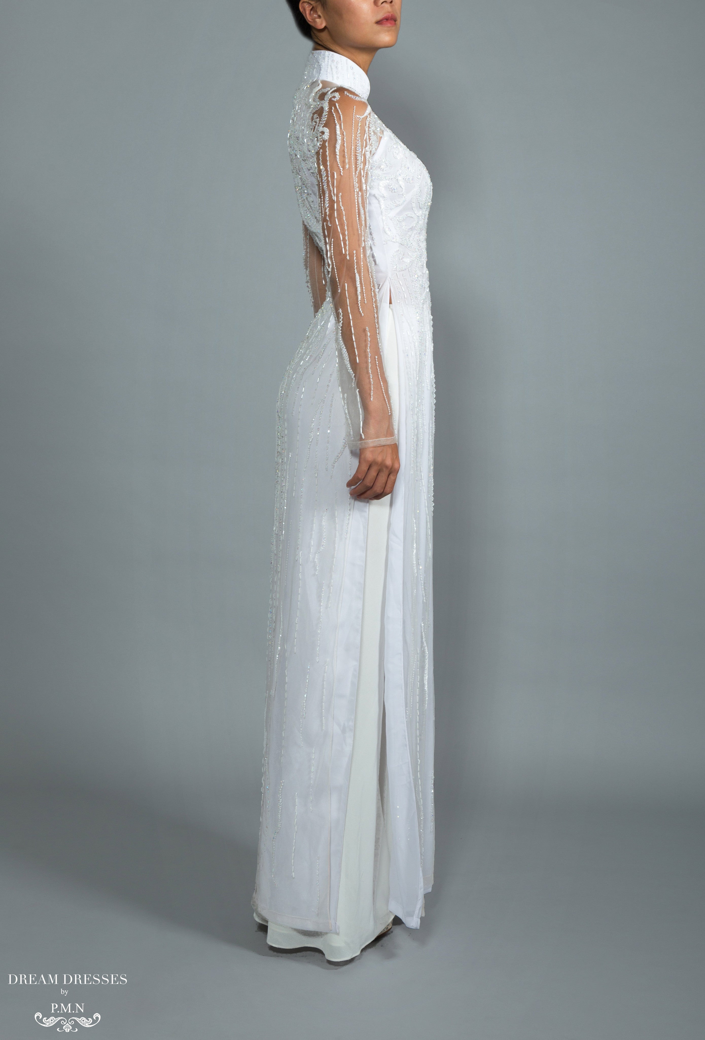 White Bridal Ao Dai | Vietnamese Bridal Dress with Embellishment (#GRACIE)