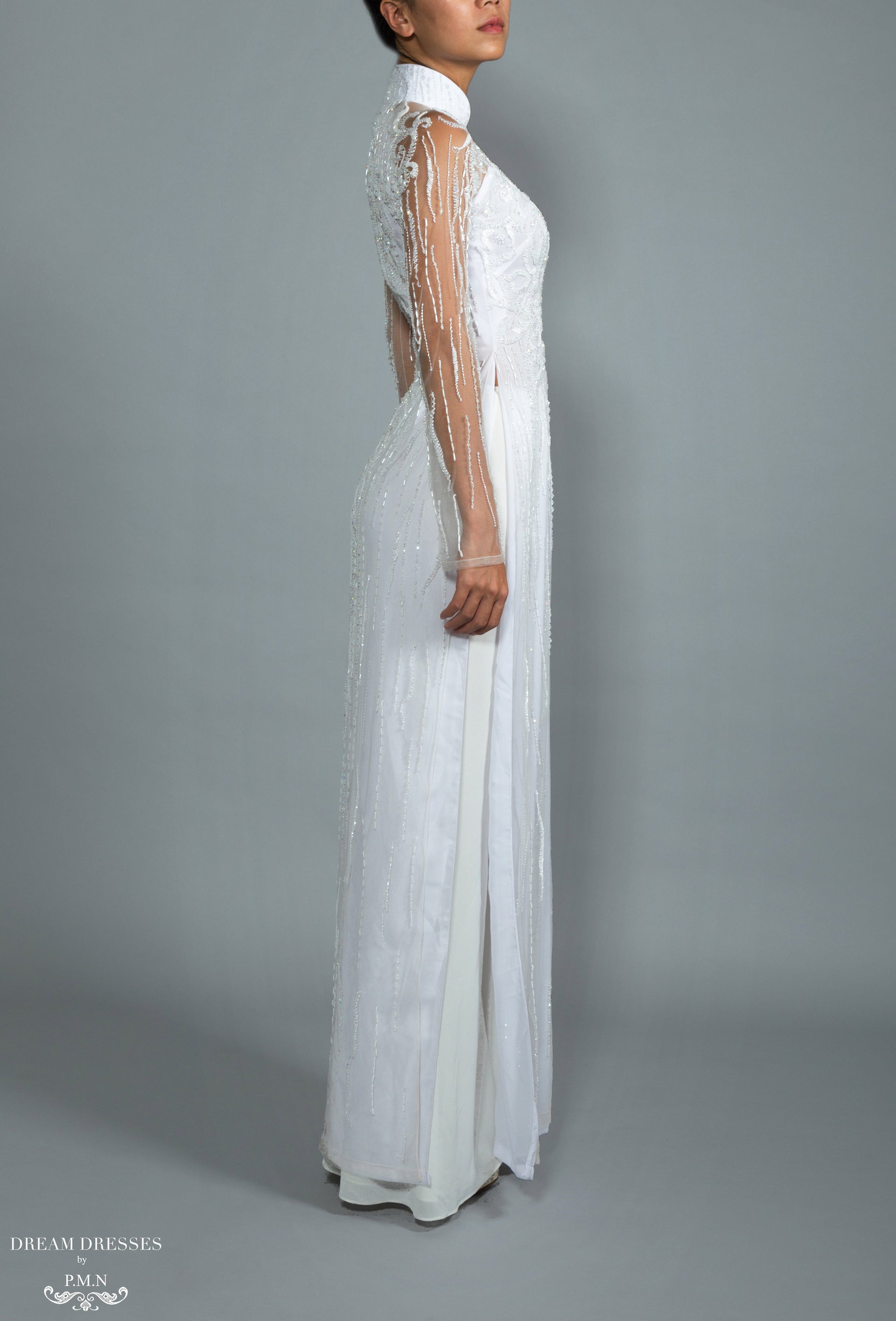 White Bridal Ao Dai | Vietnamese Bridal Dress with Embellishment (#GRACIE) - Dream Dresses by P.M.N.