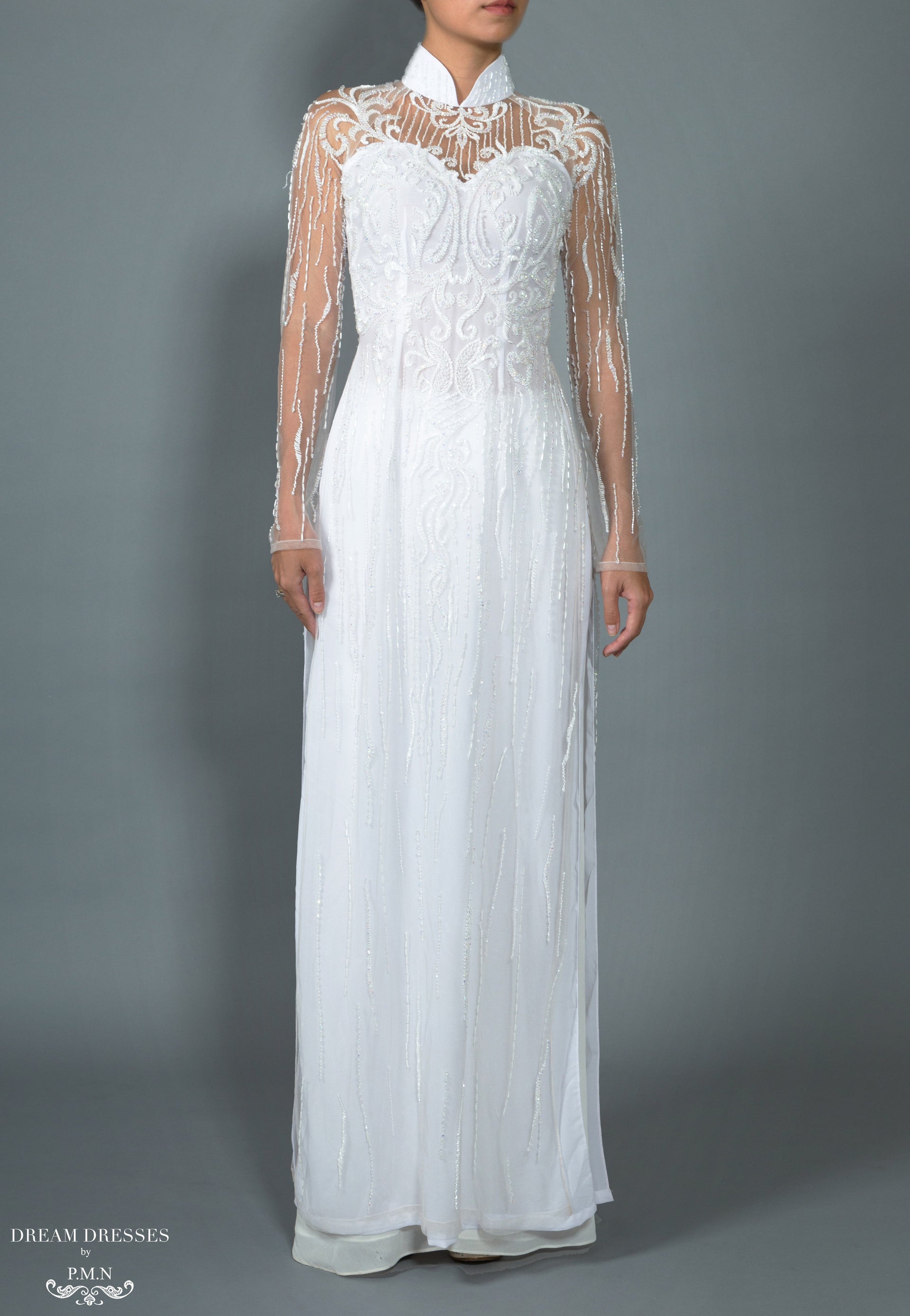 White Bridal Ao Dai | Vietnamese Bridal Dress with Embellishment (#GRACIE) - Dream Dresses by P.M.N.