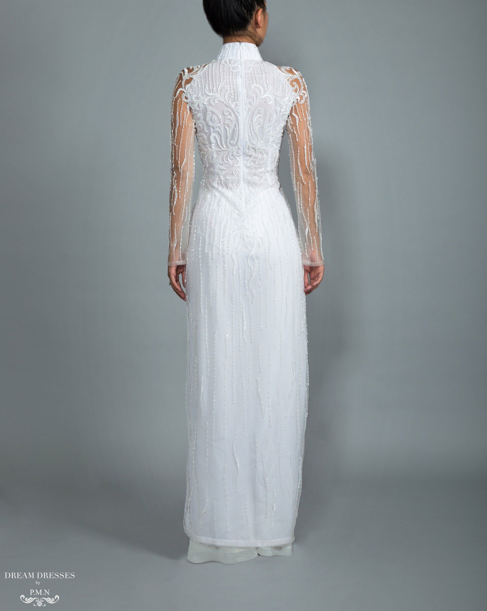 White Bridal Ao Dai | Vietnamese Bridal Dress with Embellishment (#GRACIE) - Dream Dresses by P.M.N.