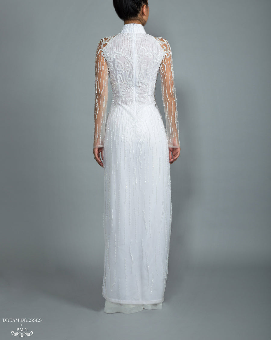 White Bridal Ao Dai | Vietnamese Bridal Dress with Embellishment (#GRACIE) - Dream Dresses by P.M.N.