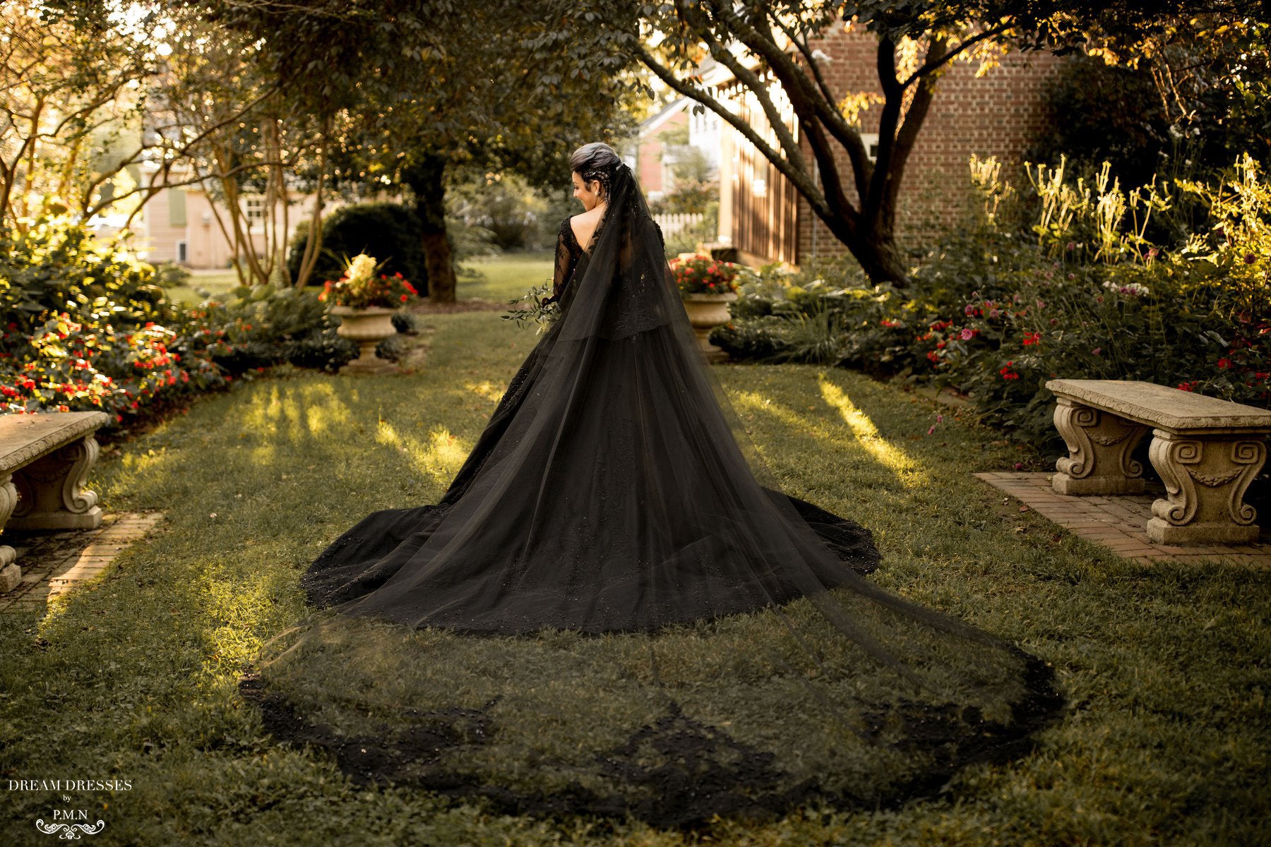 DreamDress By PMN Galena Black Cathedral Wedding Veil Soft Tulle Intricate Beaded Lace
