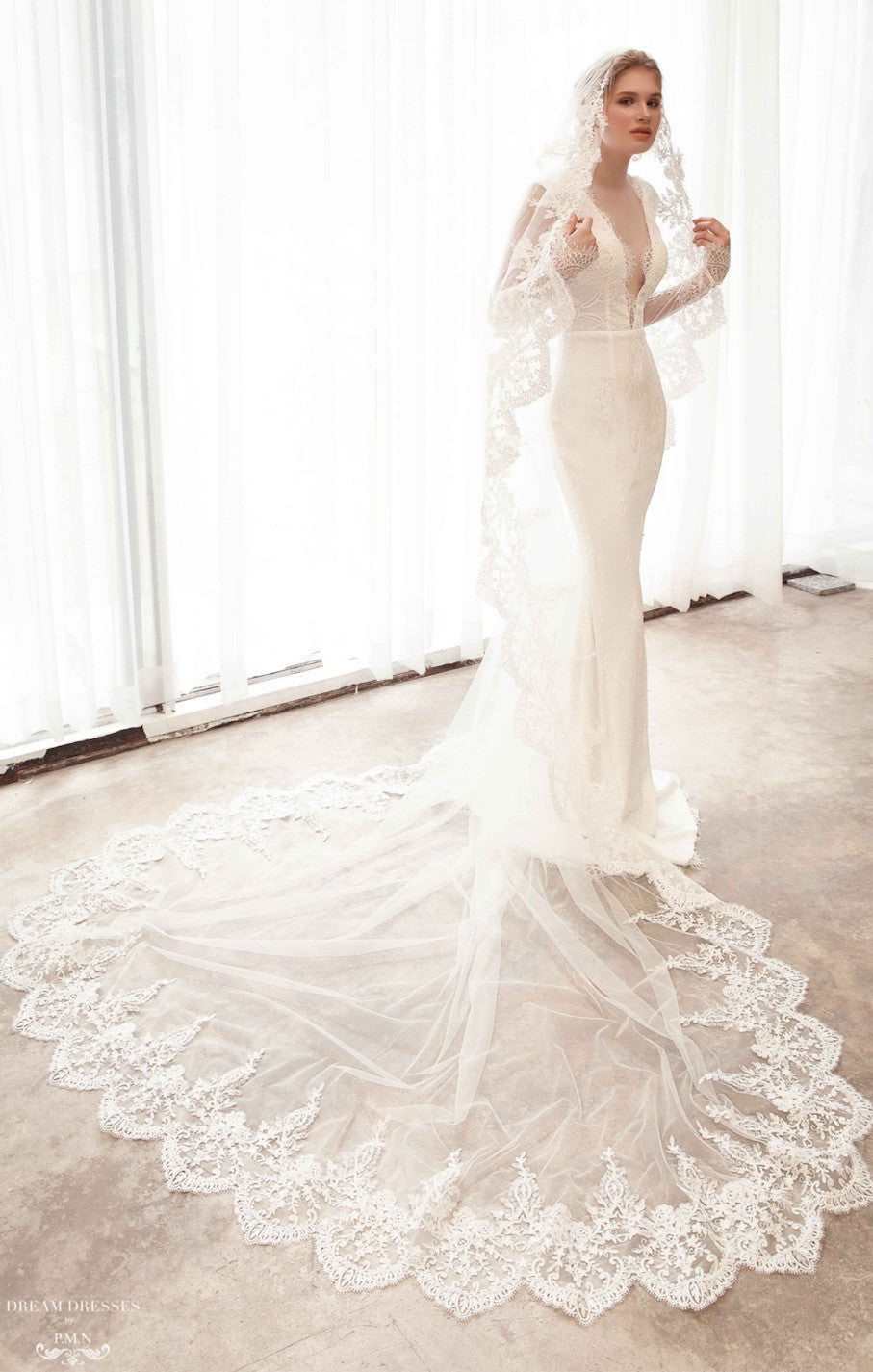 Cathedral Bridal Veil with Lace Trim  (#Gila)