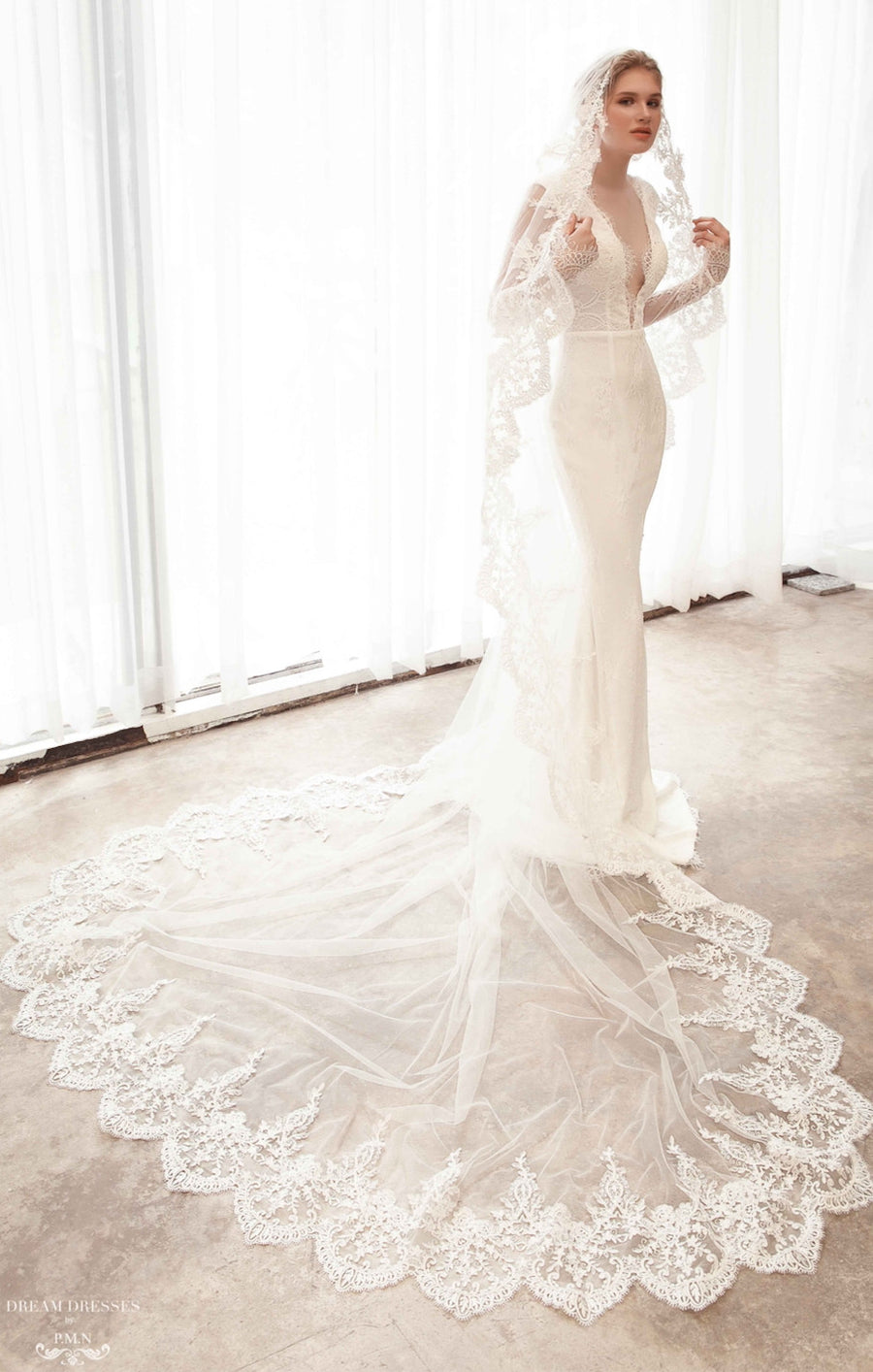 Cathedral Bridal Veil with Lace Trim  (#Gila) - Dream Dresses by P.M.N.