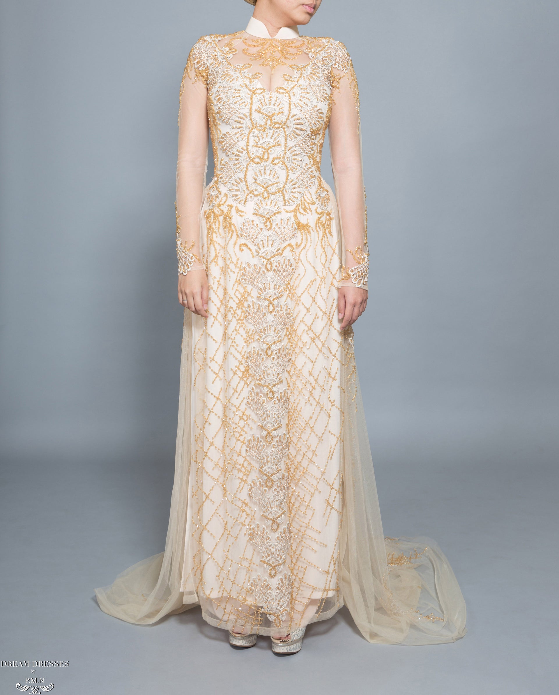 Gold Bridal Ao Dai | Vietnamese Bridal Dress with Embellishment (#HELGA) - Dream Dresses by P.M.N.