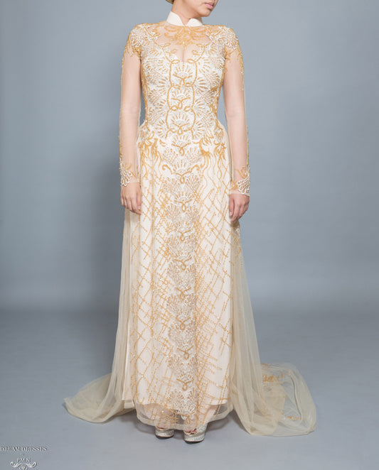 Gold Bridal Ao Dai | Vietnamese Bridal Dress with Embellishment (#HELGA) - Dream Dresses by P.M.N.