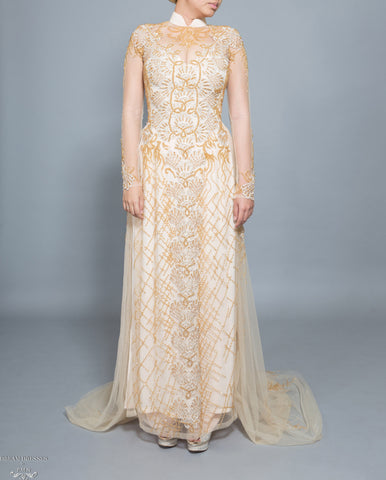 Gold Bridal Ao Dai | Vietnamese Bridal Dress with Embellishment (#HELGA)