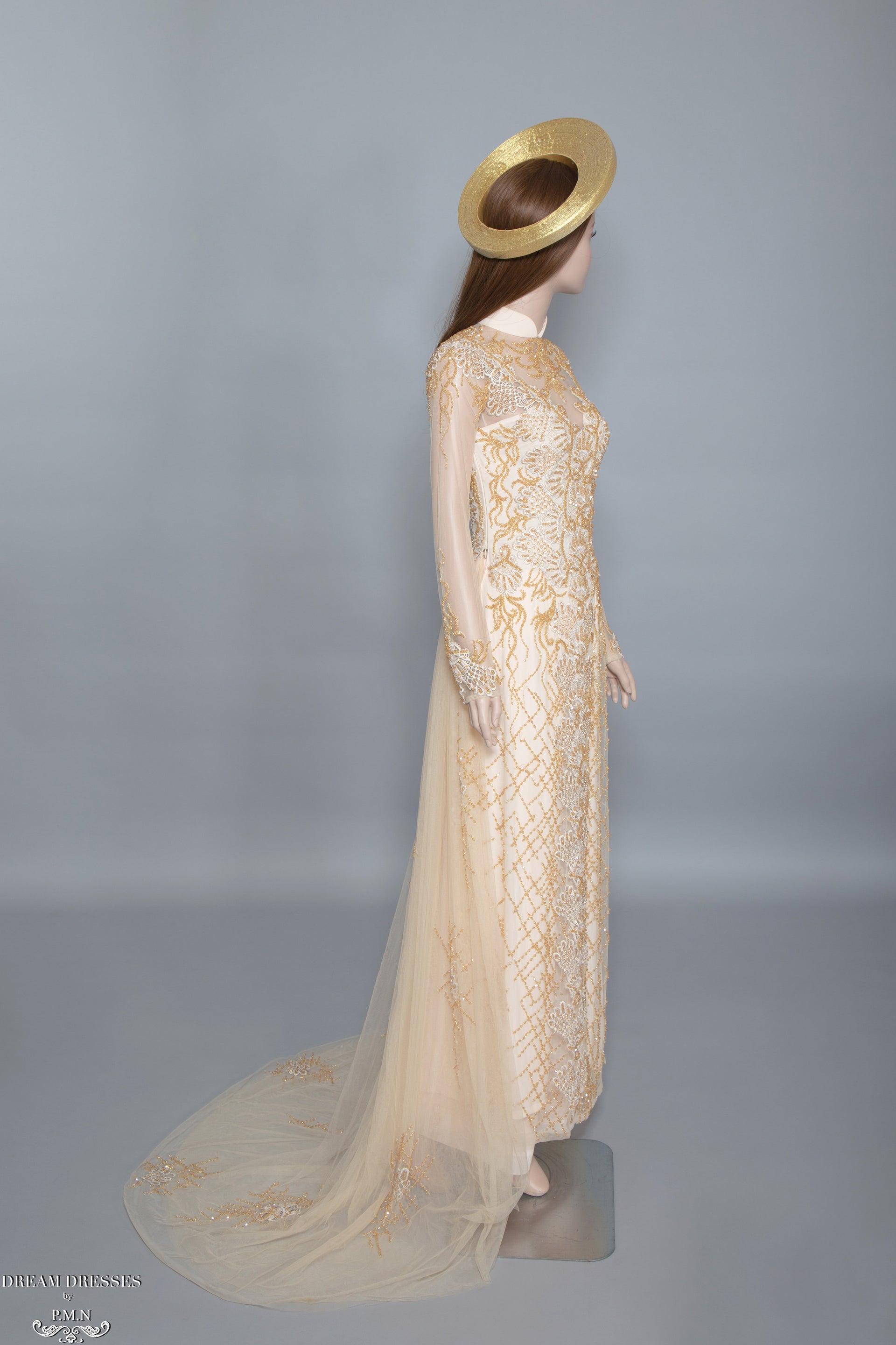 Gold Bridal Ao Dai | Vietnamese Bridal Dress with Embellishment (#HELGA) - Dream Dresses by P.M.N.