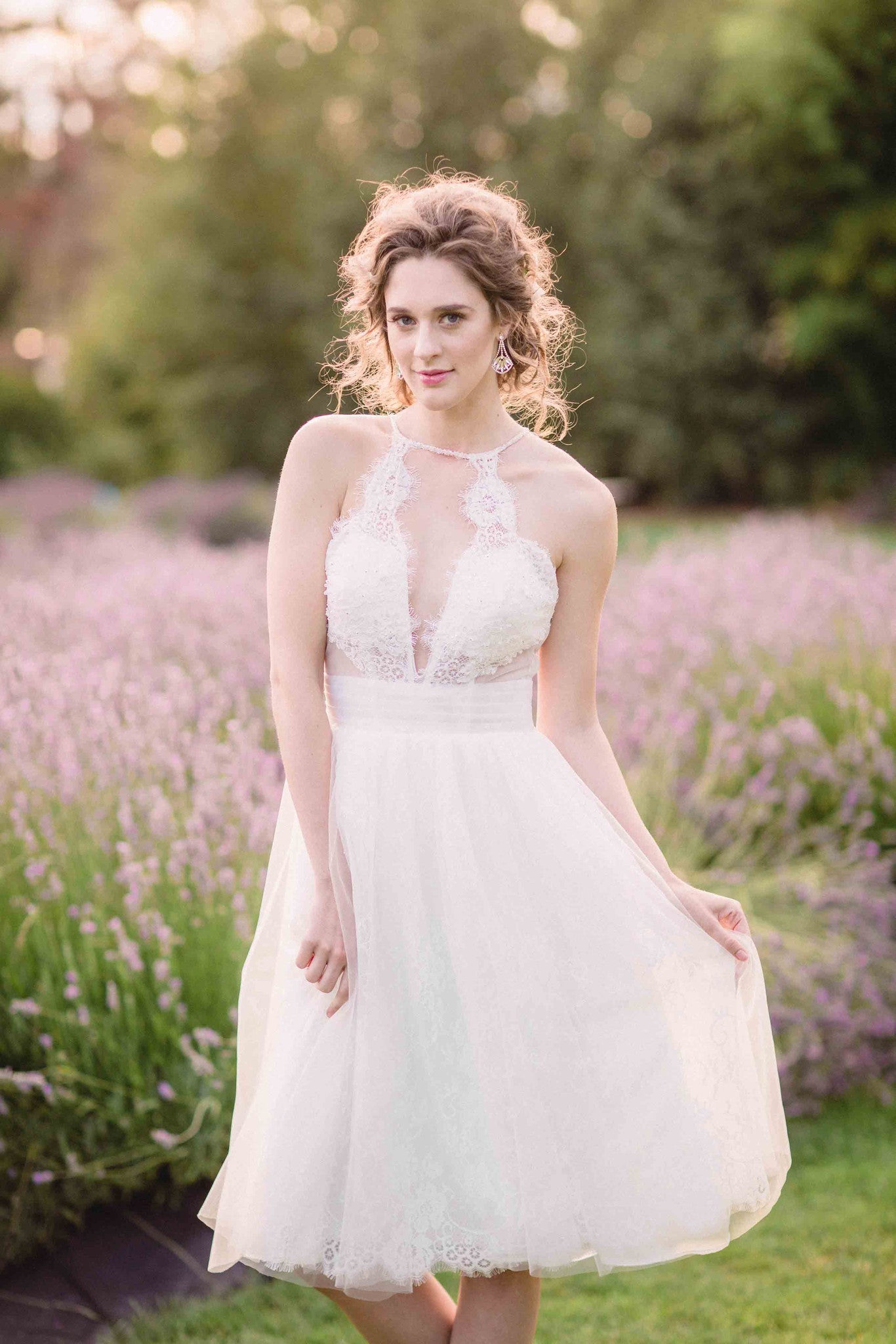 DreamDress By PMN Alice Tea-Length Wedding Dress Gown Halter Deep V Neckline Floral Embellishment Fully Lined Skirt Sleeveless | Size: Small DreamDress By PMN Alice Tea-Length Wedding Dress Gown Halter Deep V Neckline Floral Embellishment Fully Lined Skirt Sleeveless | Size: Small