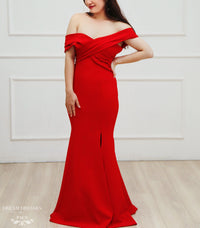 Red Crepe Bridal Gown with Side Slit (#Cathy) - Dream Dresses by P.M.N.