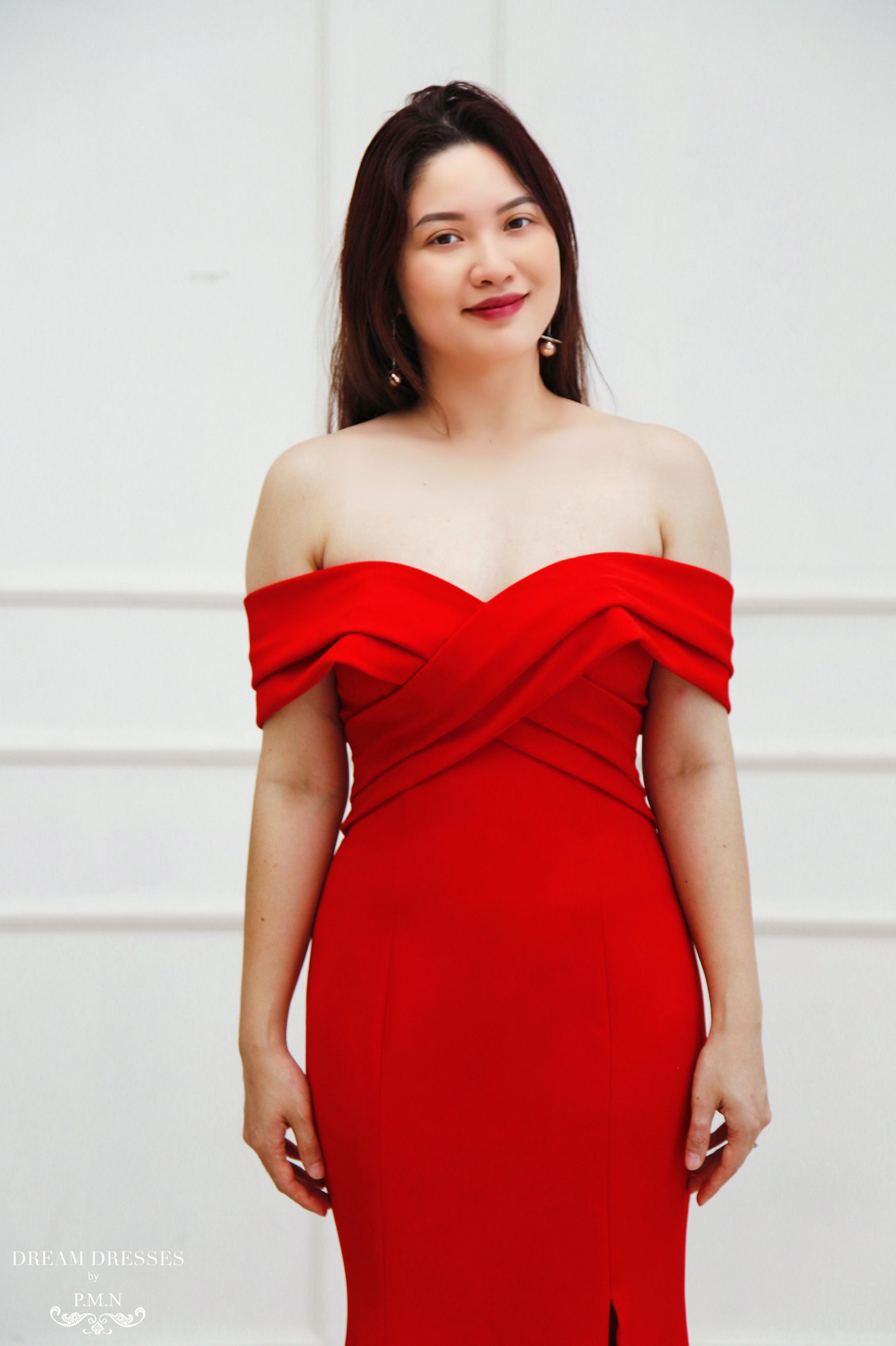 Red Crepe Bridal Gown with Side Slit (#Cathy) - Dream Dresses by P.M.N.
