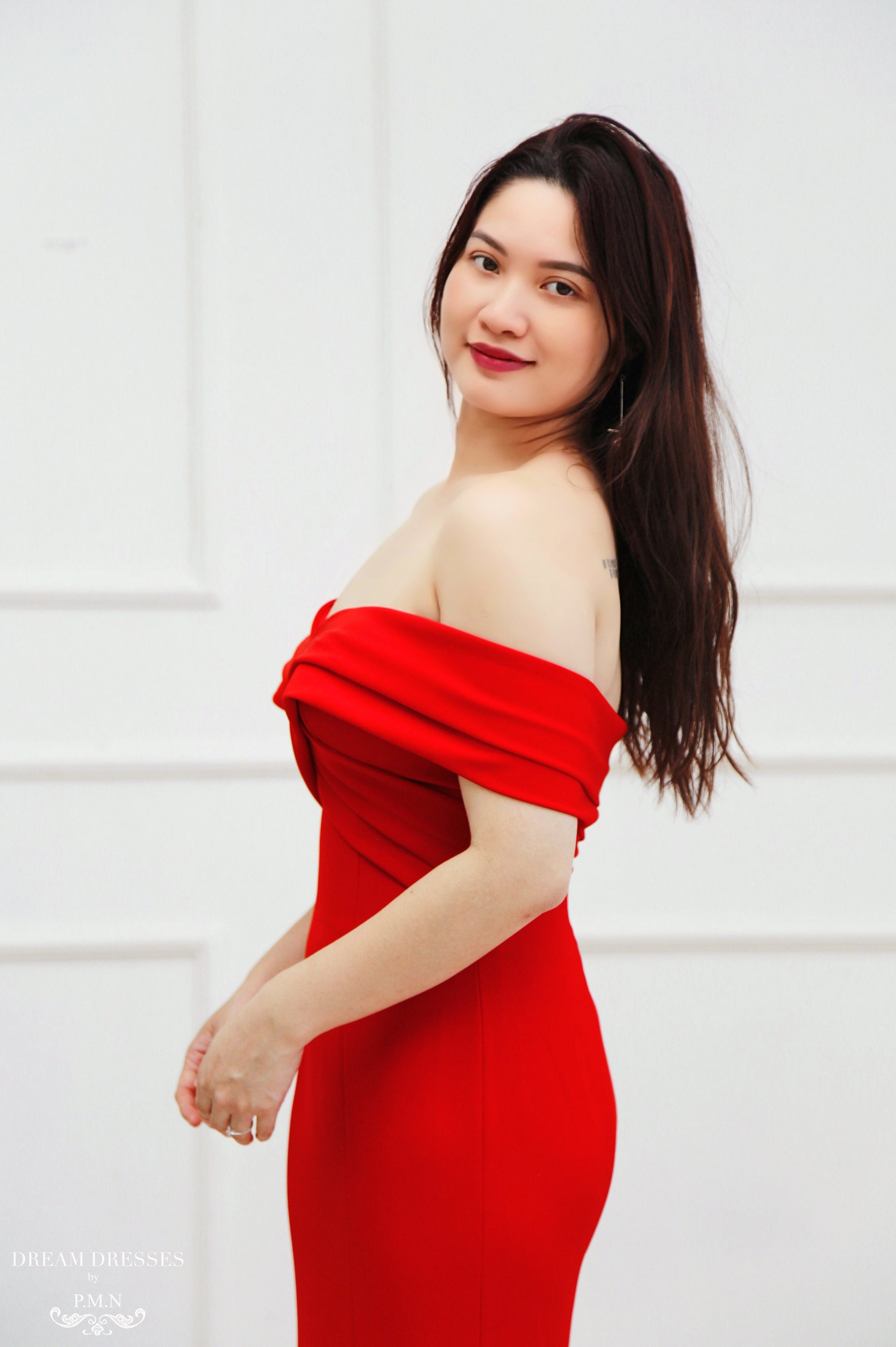 Red Crepe Bridal Gown with Side Slit (#Cathy) - Dream Dresses by P.M.N.