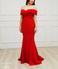 Red Crepe Bridal Gown with Side Slit (#Cathy) - Dream Dresses by P.M.N.