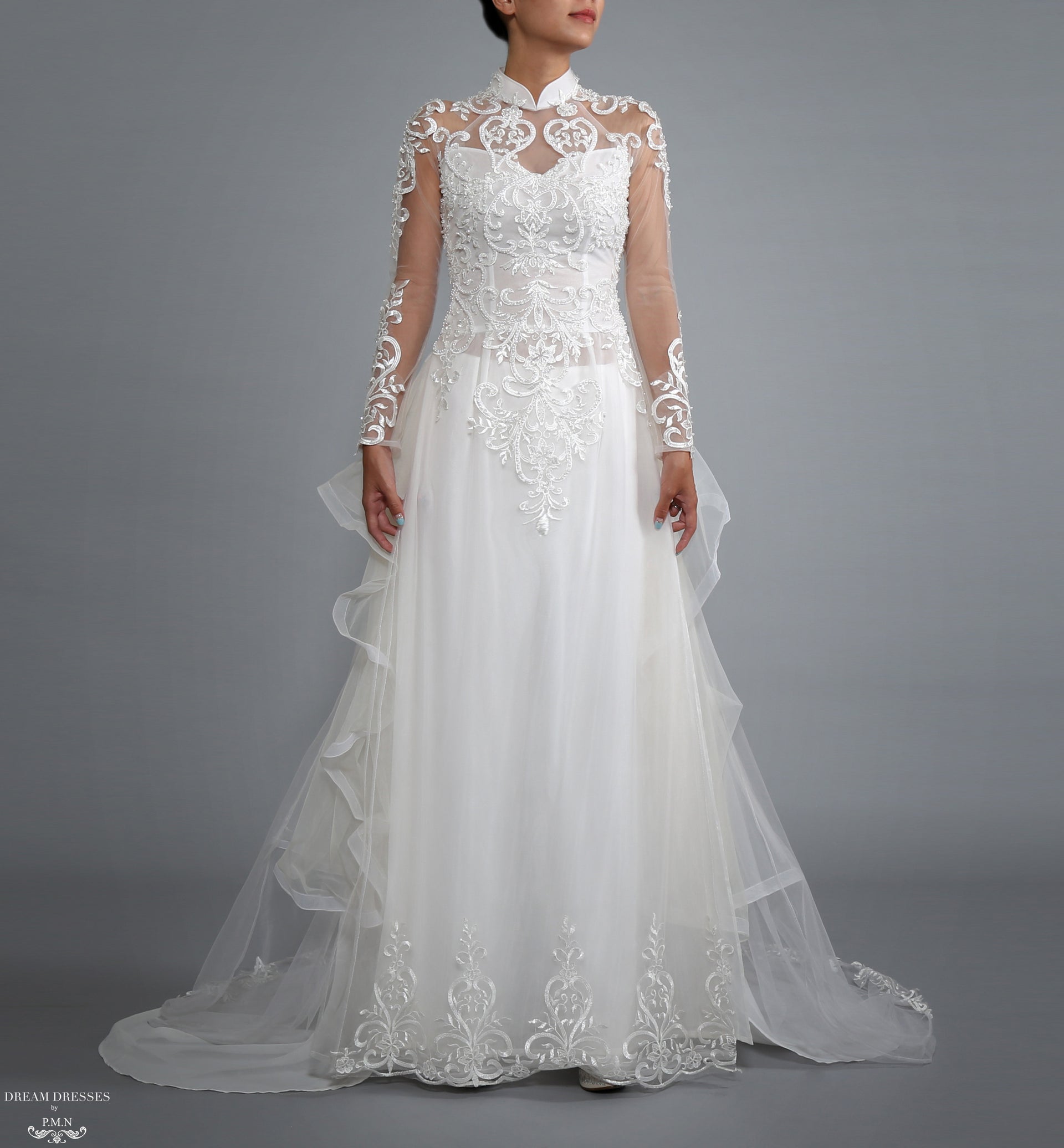 White Bridal Ao Dai | Vietnamese Bridal Dress with Embellishment (#LACINA) - Dream Dresses by P.M.N.