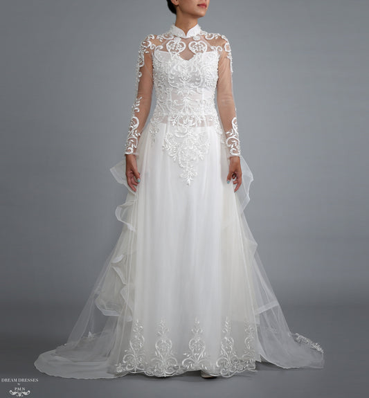 White Bridal Ao Dai | Vietnamese Bridal Dress with Embellishment (#LACINA) - Dream Dresses by P.M.N.