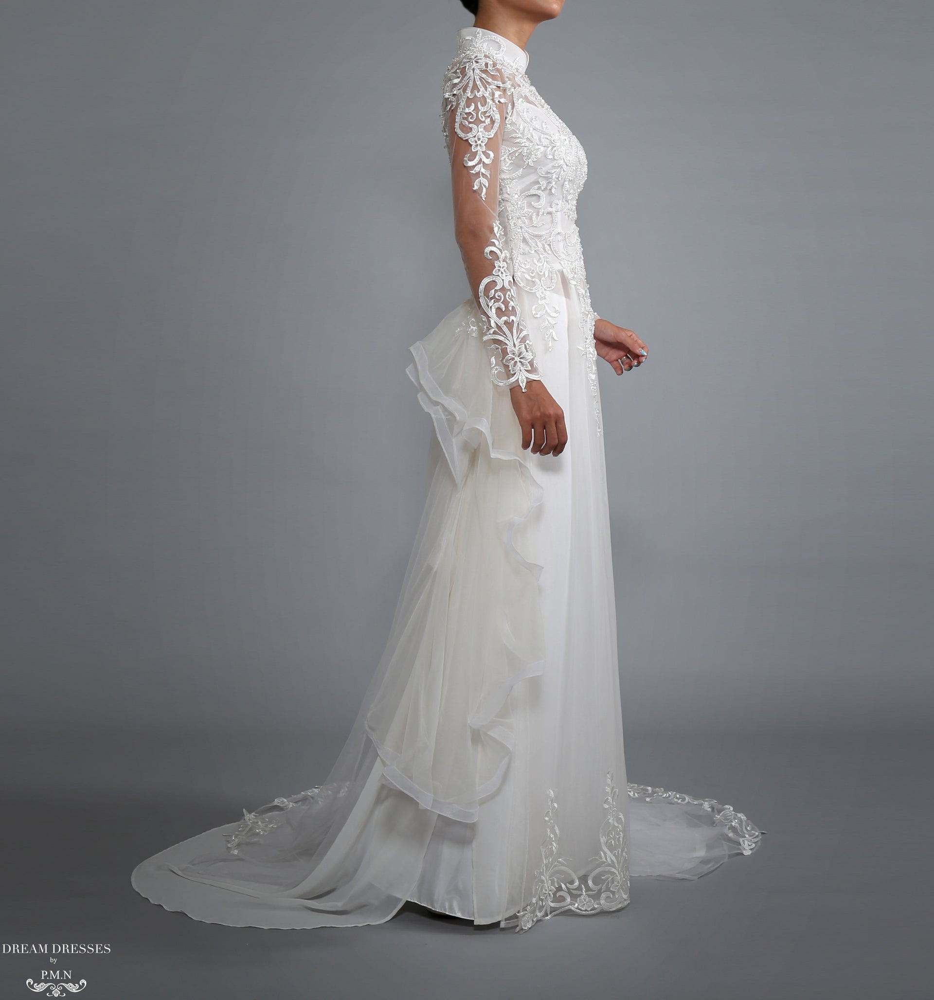 White Bridal Ao Dai | Vietnamese Bridal Dress with Embellishment (#LACINA) - Dream Dresses by P.M.N.