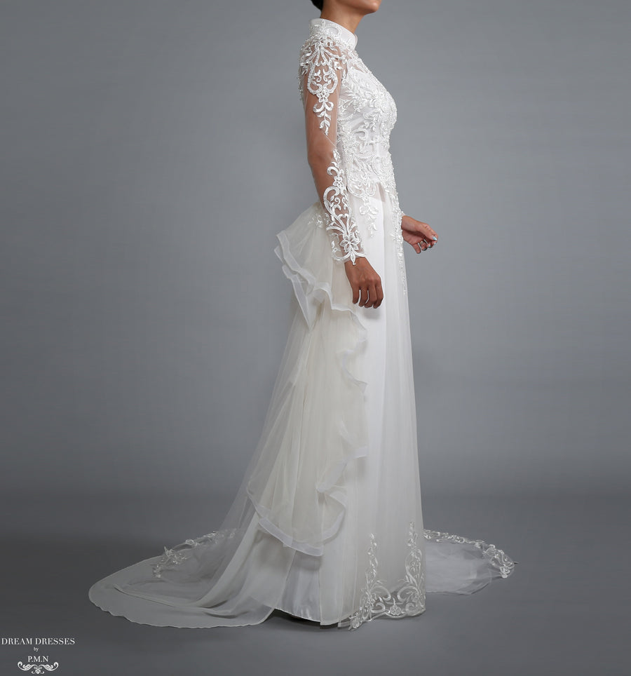 White Bridal Ao Dai | Vietnamese Bridal Dress with Embellishment (#LACINA) - Dream Dresses by P.M.N.