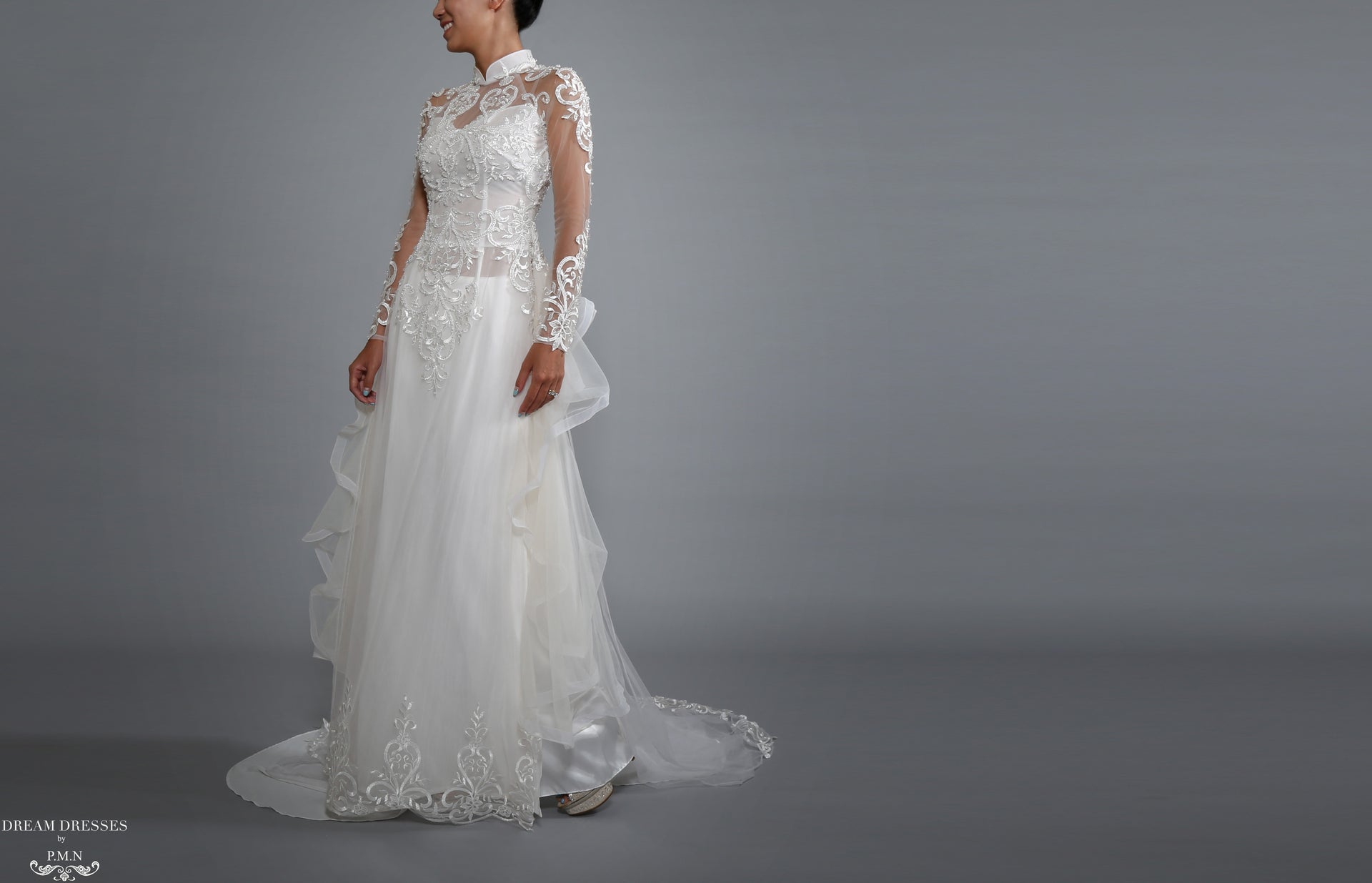 White Bridal Ao Dai | Vietnamese Bridal Dress with Embellishment (#LACINA) - Dream Dresses by P.M.N.