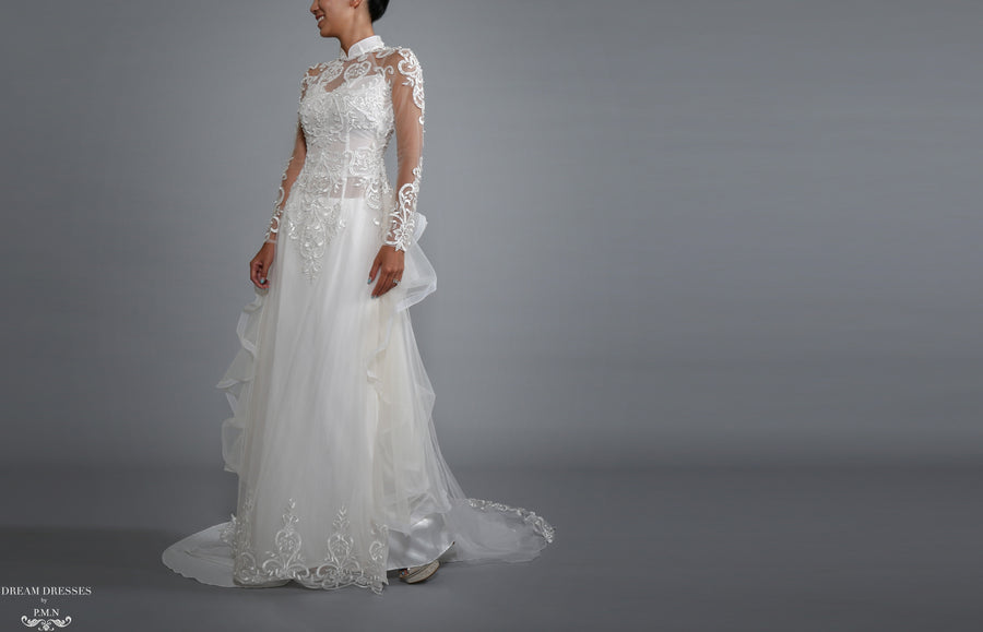 White Bridal Ao Dai | Vietnamese Bridal Dress with Embellishment (#LACINA) - Dream Dresses by P.M.N.