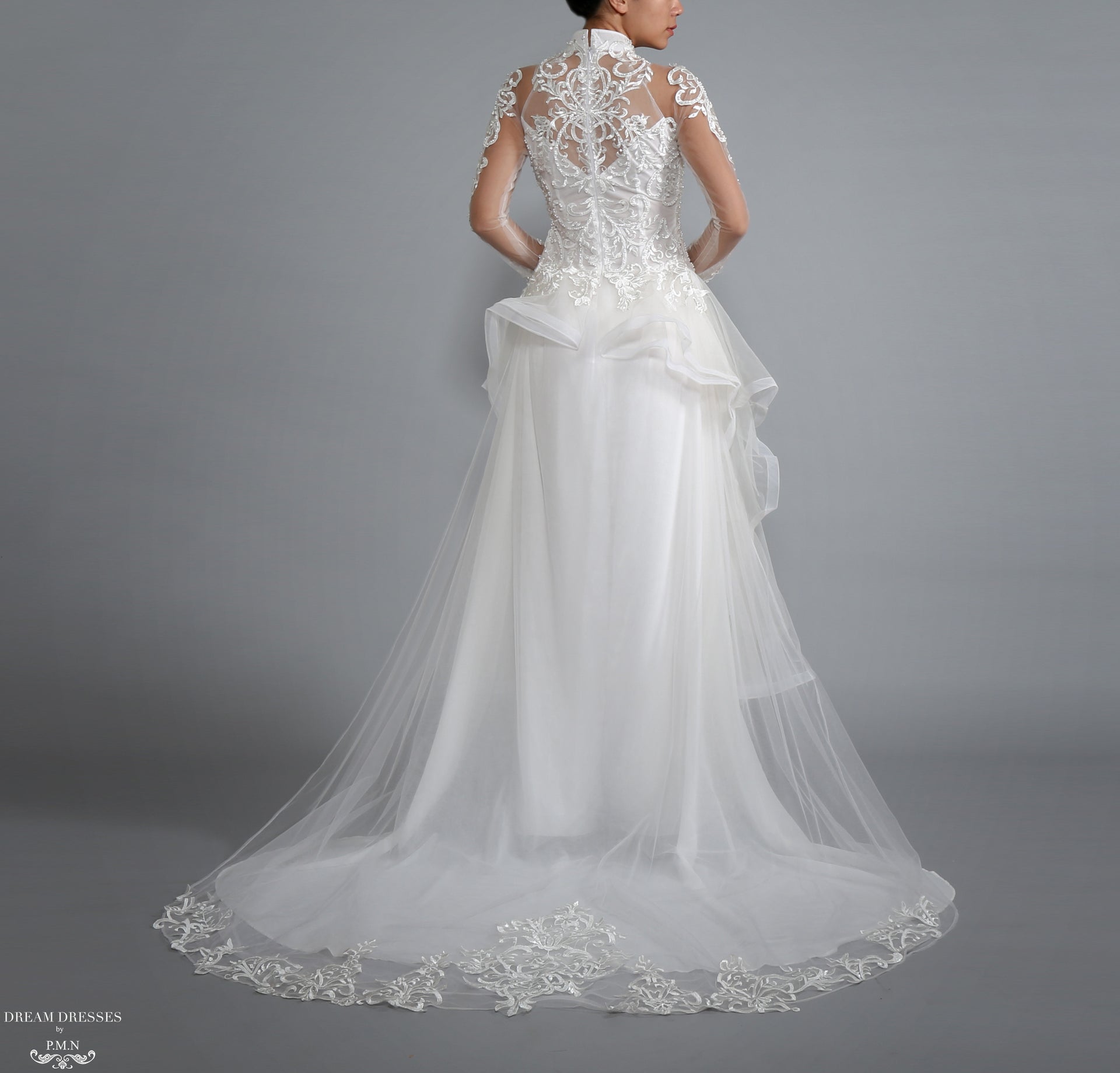 White Bridal Ao Dai | Vietnamese Bridal Dress with Embellishment (#LACINA) - Dream Dresses by P.M.N.