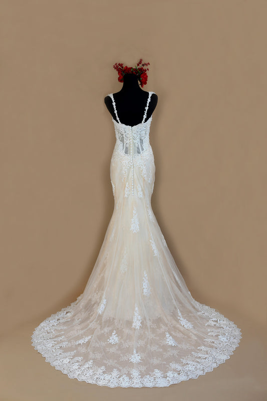 Blush Pink Ivory Lace Mermaid Wedding Dress With Removable Straps (#Nicole) - Dream Dresses by P.M.N
 - 1