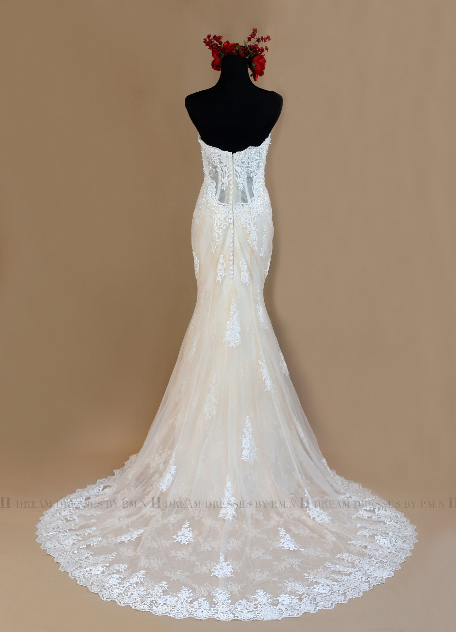 Blush Pink Ivory Lace Mermaid Wedding Dress With Removable Straps (#Nicole) - Dream Dresses by P.M.N
 - 4