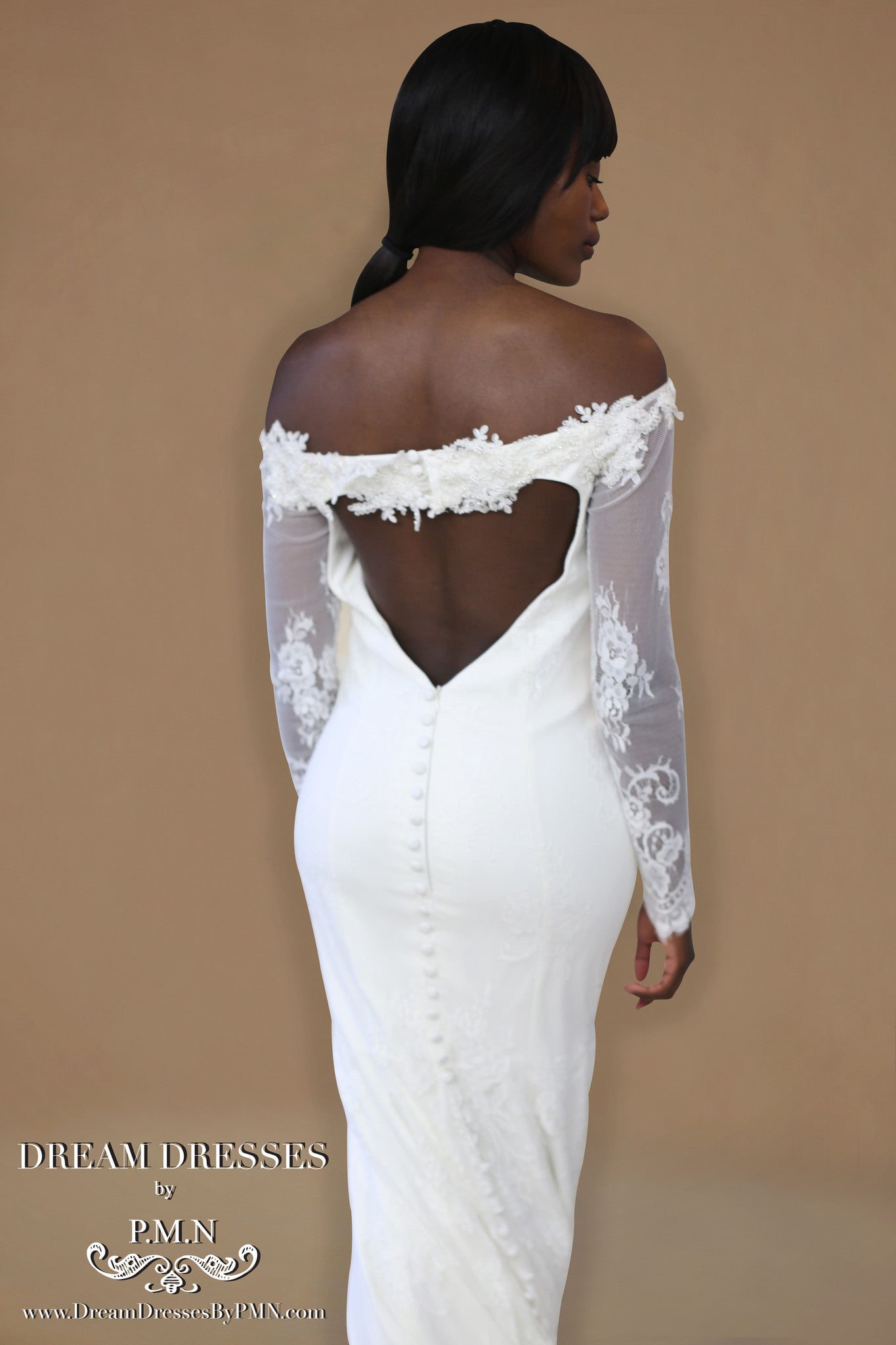 DreamDress By PMN Norah Sheath Wedding Dress Gown Illusion Front Open Back Floral Embellishments Long Sleeves Chapel Train | Size: Medium DreamDress By PMN Norah Sheath Wedding Dress Gown Illusion Front Open Back Floral Embellishments Long Sleeves Chapel Train | Size: Medium