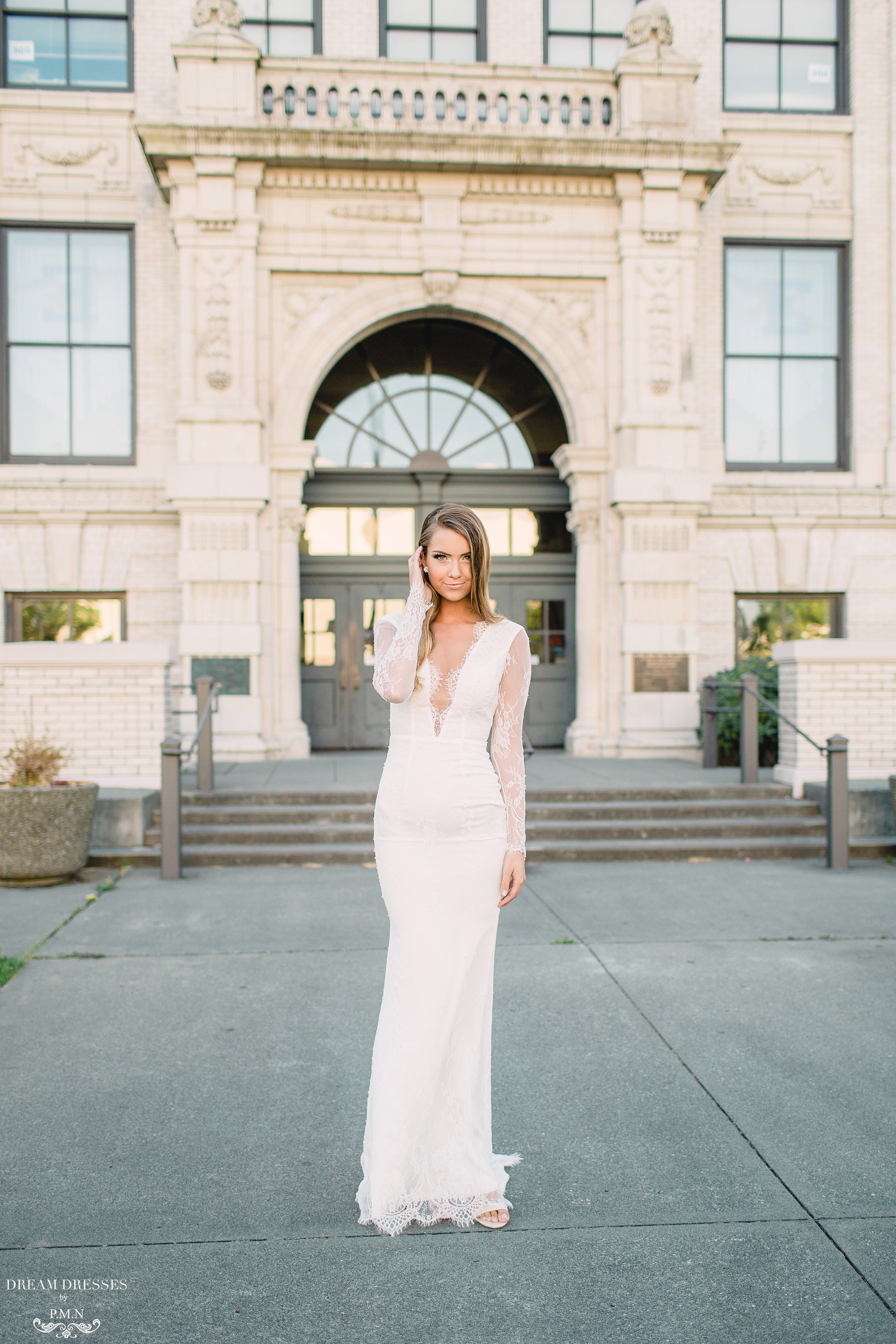 Long Sleeve Chantilly Lace Wedding Dress (#Acacia) - Dream Dresses by P.M.N.