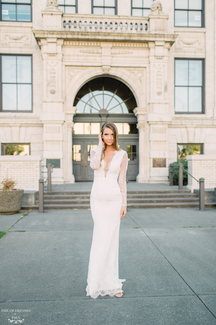 Long Sleeve Chantilly Lace Wedding Dress (#Acacia) - Dream Dresses by P.M.N.