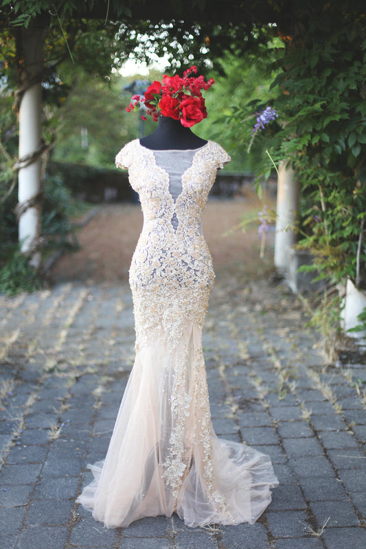 Beaded Lace Gold Dress With Swarovski Crystals (#Jacqueline) - Dream Dresses by P.M.N
 - 1