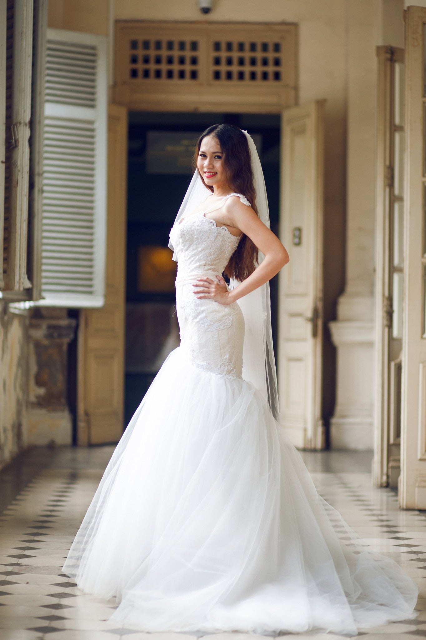 SAMPLE SALE / Lace Trumpet Wedding Gown with Beaded Straps (#PB067)