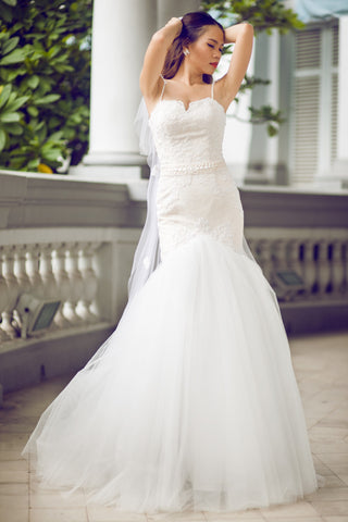 SAMPLE SALE / Lace Trumpet Wedding Gown with Beaded Straps (#PB067) - Dream Dresses by P.M.N
 - 1