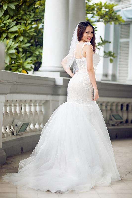 SAMPLE SALE / Lace Trumpet Wedding Gown with Beaded Straps (#PB067) - Dream Dresses by P.M.N
 - 1