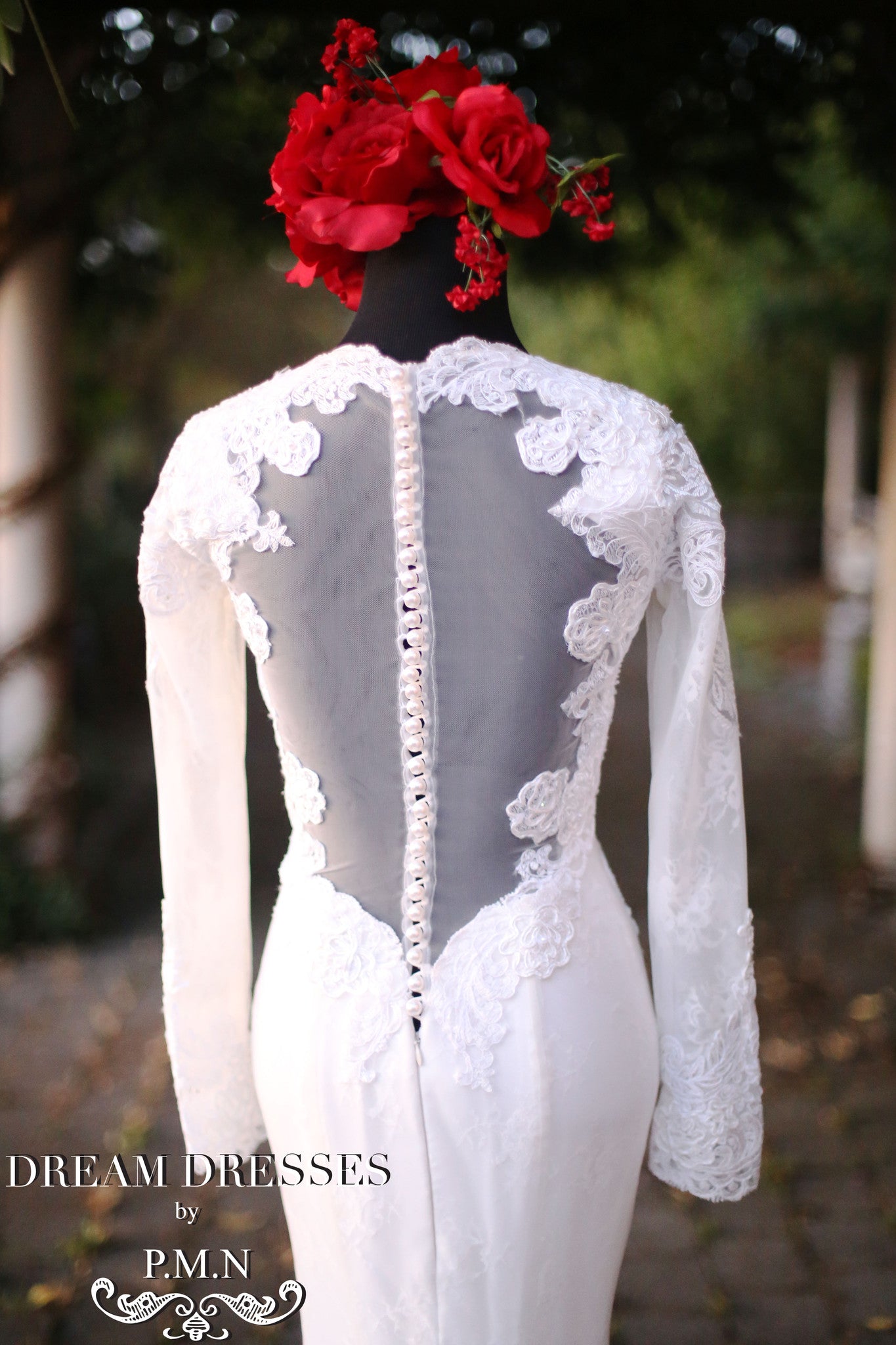 DreamDress By PMN Fit & Flare Wedding Dress Gown Floral Embellishment Fully Lined Long Illusion Sleeves Cathedral Train DreamDress By PMN Fit & Flare Wedding Dress Gown Floral Embellishment Fully Lined Long Illusion Sleeves Cathedral Train