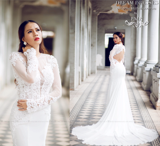 Long Sleeve Fit-n-Flare Wedding Gown with Key Hole Back (#KATIE PB066) - Dream Dresses by P.M.N
 - 1