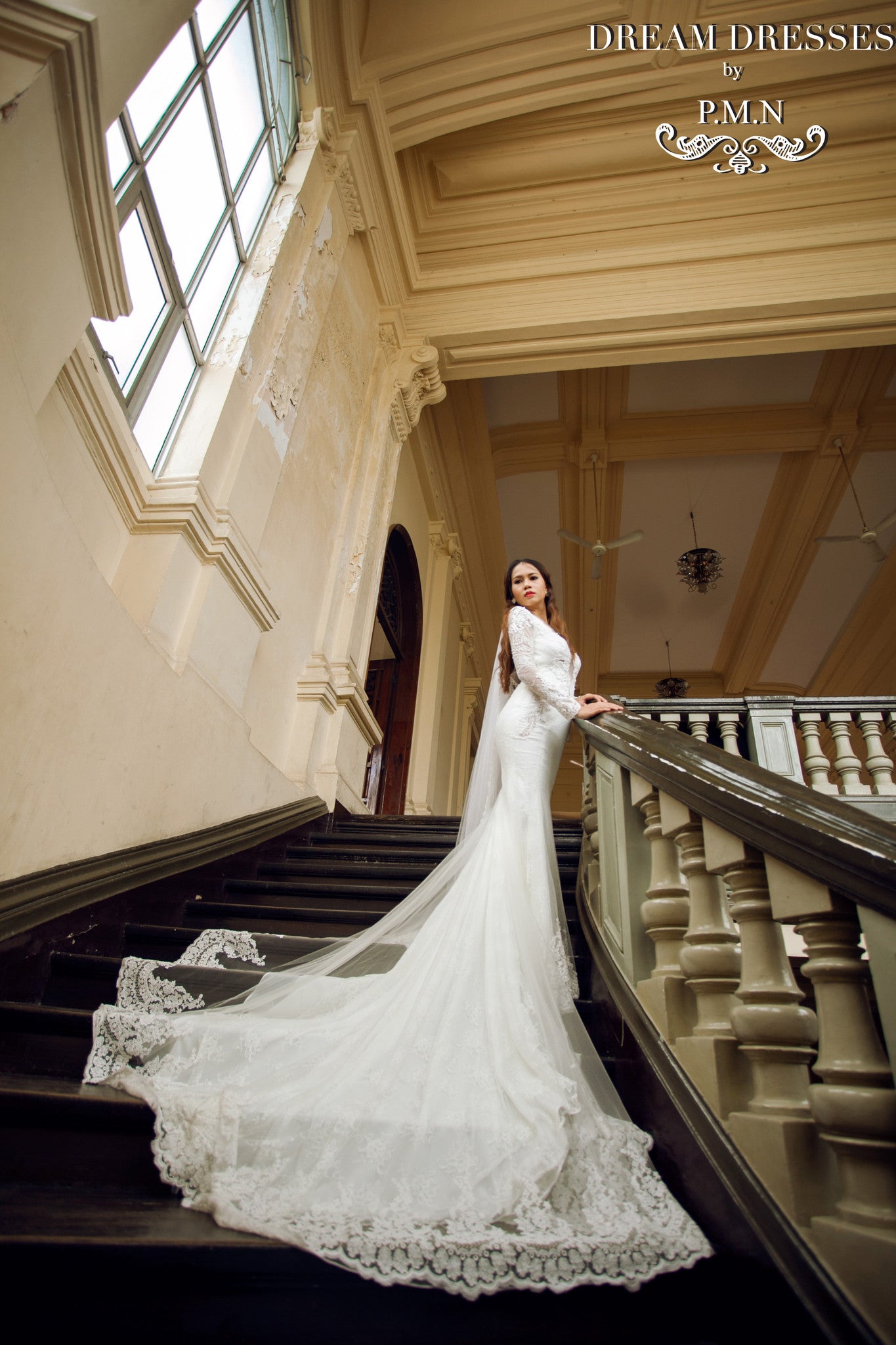 Long Sleeve Wedding Dress with Cathedral Train (Style #PB067)