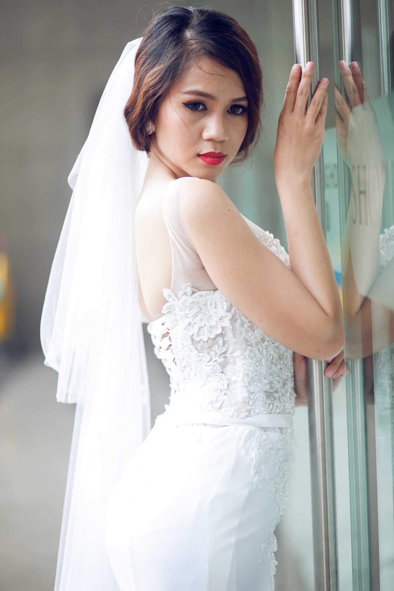SAMPLE SALE /Two Tier Floor Length Bridal Veil with Lace Appliques and sequins (#PB107) - Dream Dresses by P.M.N
 - 5