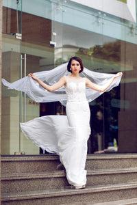 SAMPLE SALE /Two Tier Floor Length Bridal Veil with Lace Appliques and sequins (#PB107) - Dream Dresses by P.M.N
 - 3