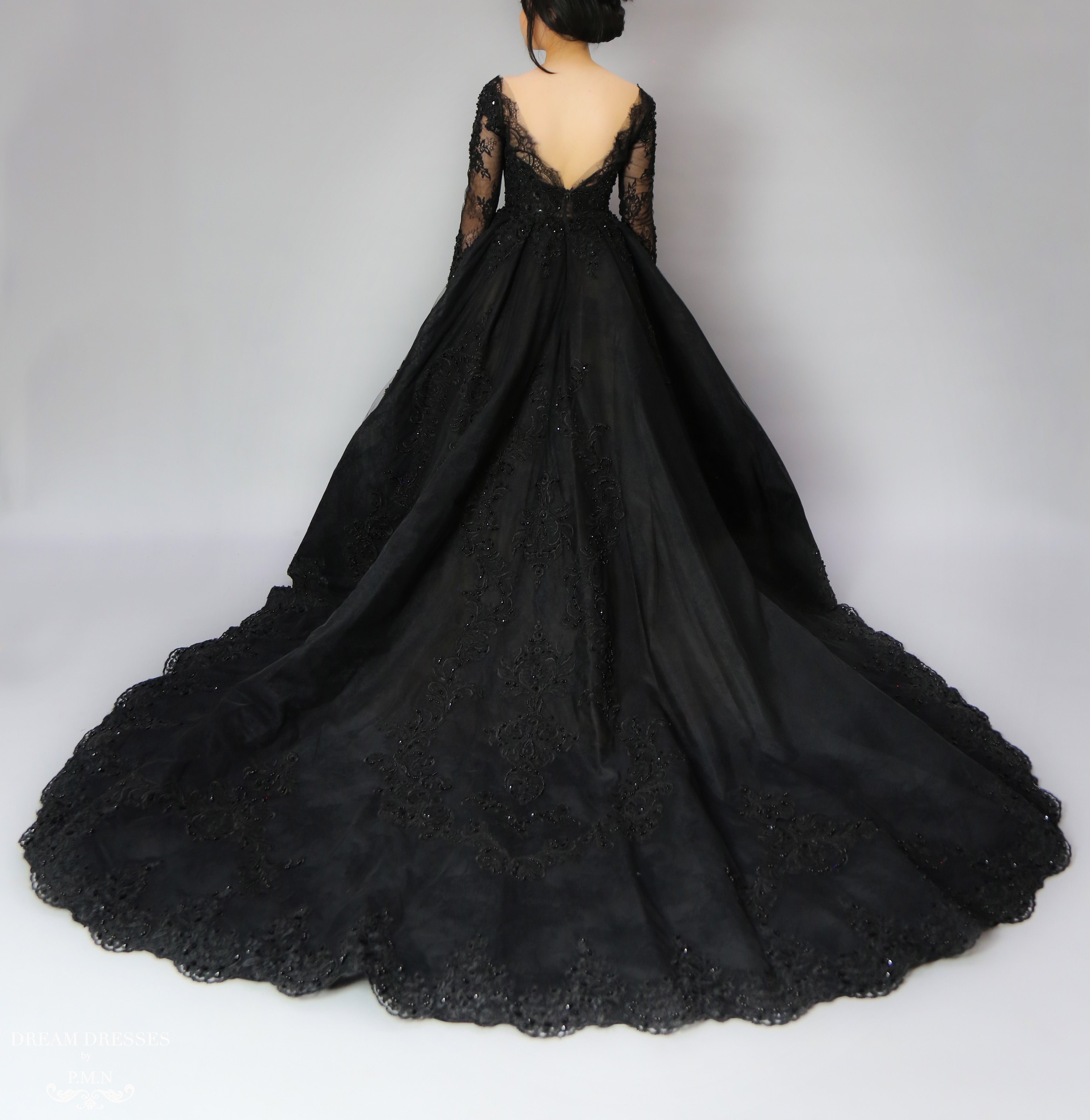 DreamDress By PMN Gabrielle Black Ball Wedding Dress Gown Wide V-Neck Floral Pearls Crystals Embellishment V-Back Semi-Cathedral Train | Size: Custom DreamDress By PMN Gabrielle Black Ball Wedding Dress Gown Wide V-Neck Floral Pearls Crystals Embellishment V-Back Semi-Cathedral Train | Size: Custom