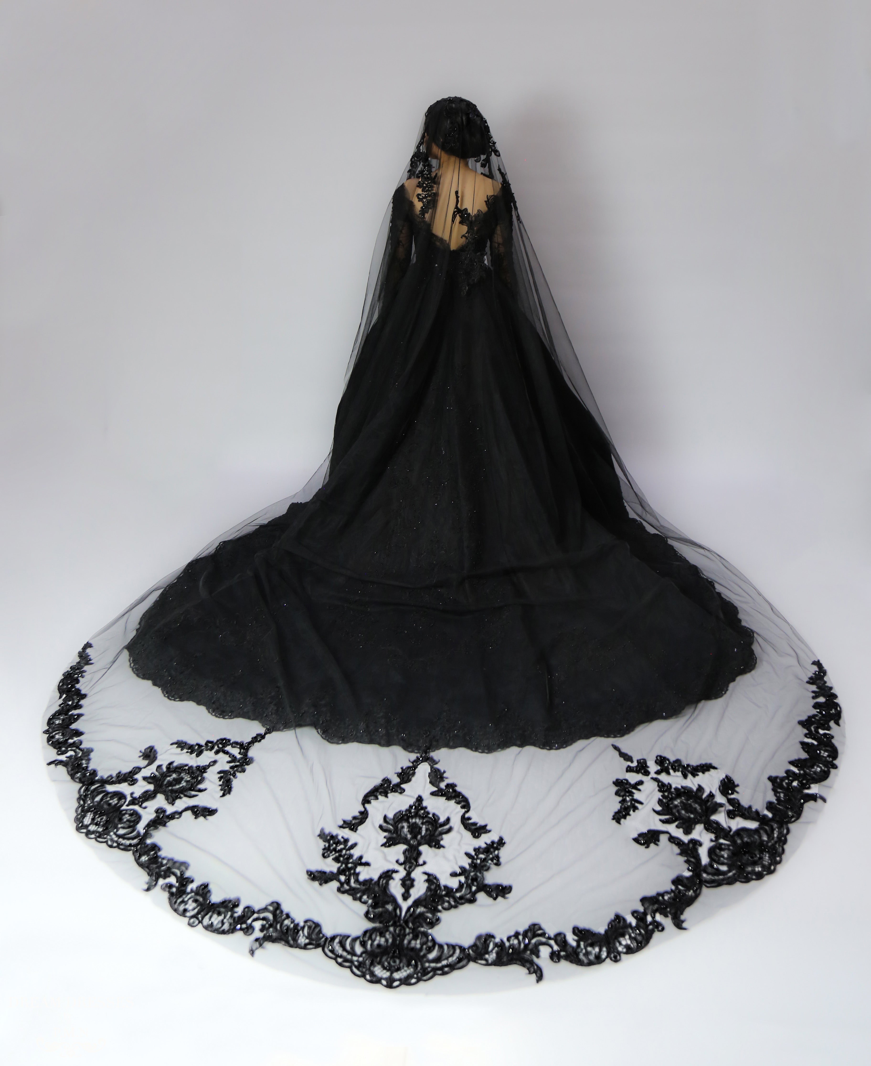 DreamDress By PMN Galena Black Cathedral Wedding Veil Soft Tulle Intricate Beaded Lace | Size: Cathedral DreamDress By PMN Galena Black Cathedral Wedding Veil Soft Tulle Intricate Beaded Lace | Size: Cathedral