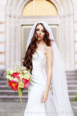 SAMPLE SALE/ Couture Silk Wedding Dress-Sheath Wedding Dress-Sheer Back-Sleeveless Wedding Dress-Illusion Neckline (Style # Lily PB068) - Dream Dresses by P.M.N
 - 1