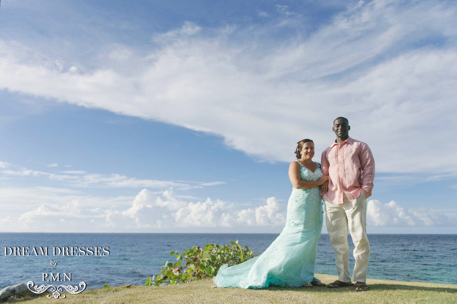Aqua Mermaid Wedding Dress with Illusion Back (#JUDY) - Dream Dresses by P.M.N
 - 2