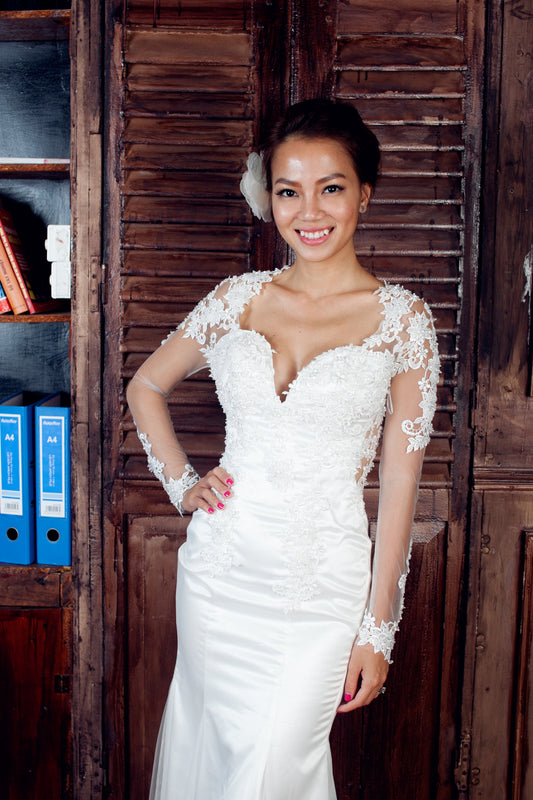 Sheer Long Sleeve Satin Wedding Dress (#PB095) - Dream Dresses by P.M.N
 - 1