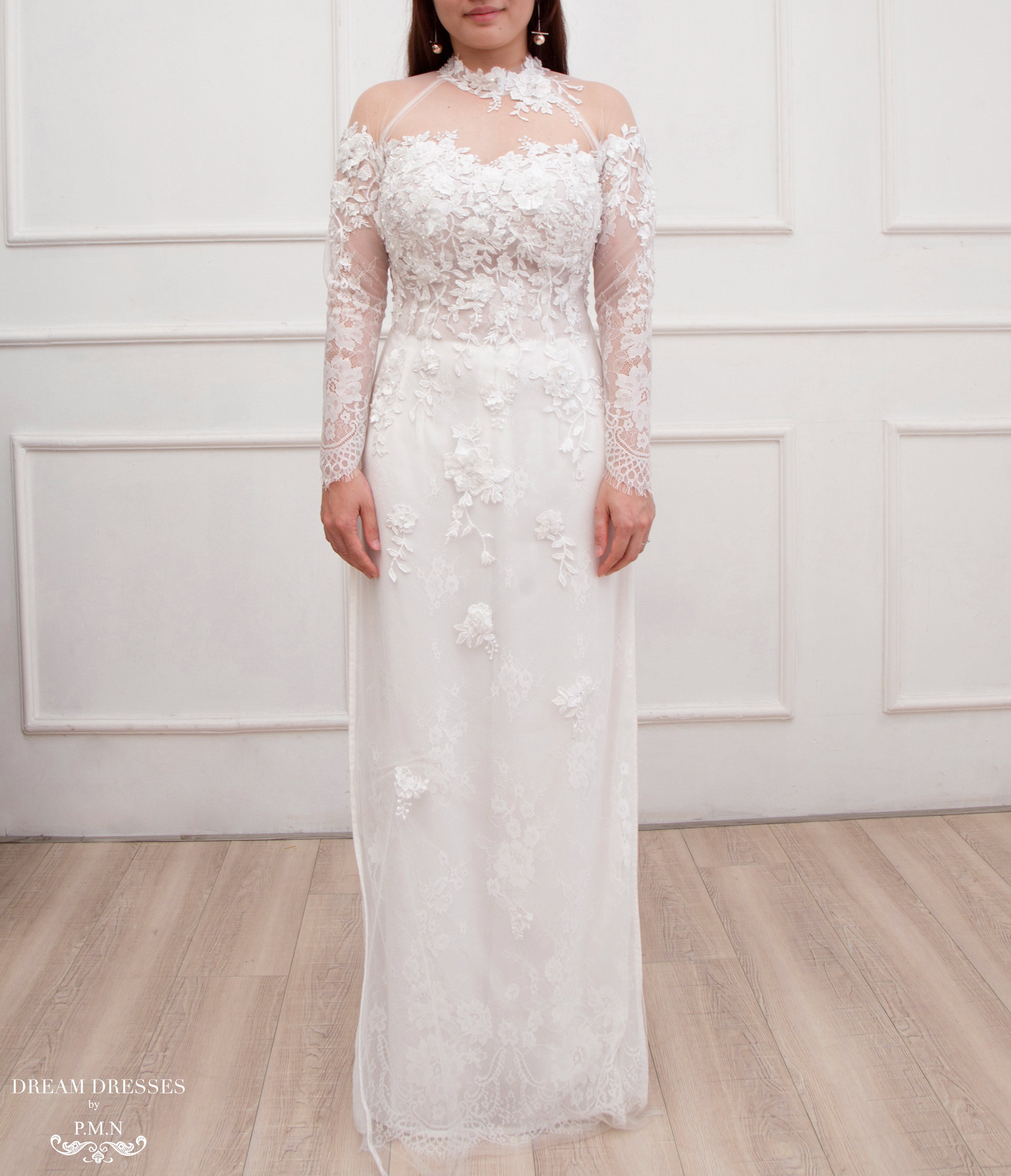 White Ao Dai | Modern Vietnamese Lace Bridal Dress (#CHRISTINA)