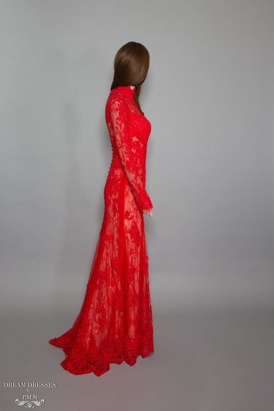 Red Long Sleeve Lace Gown (#Bella) - Dream Dresses by P.M.N
 - 1