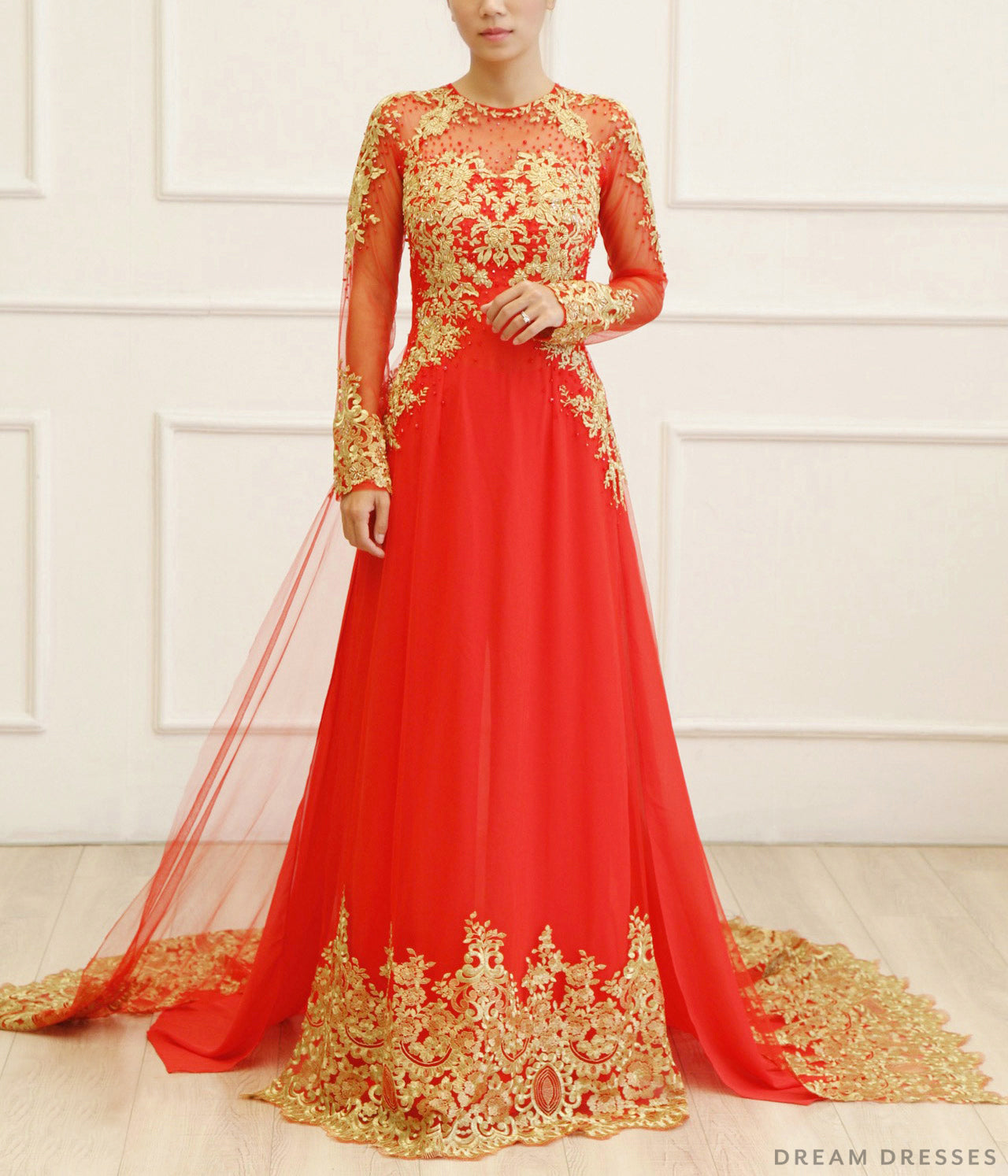 Red Bridal Ao Dai with Gold Lace | Vietnamese Bridal Dress (#KAIA) - Dream Dresses by P.M.N.