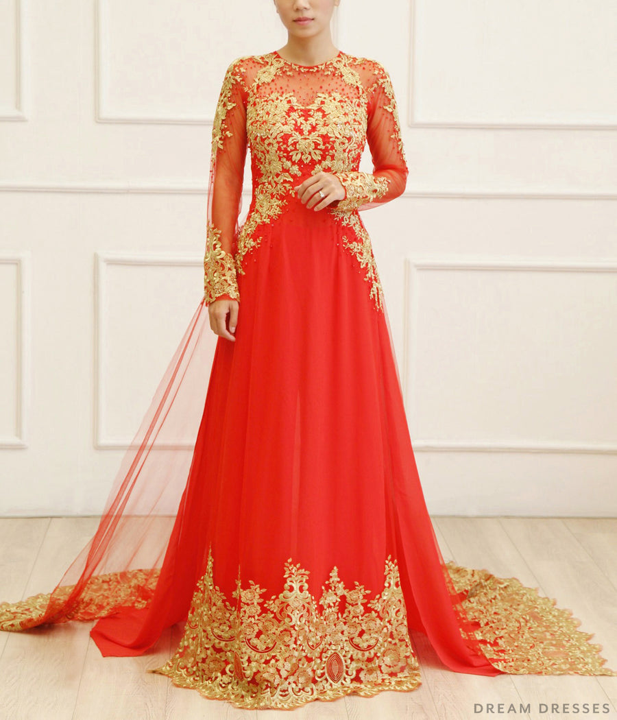 Red Bridal Ao Dai with Gold Lace | Vietnamese Bridal Dress (#KAIA) - Dream Dresses by P.M.N.