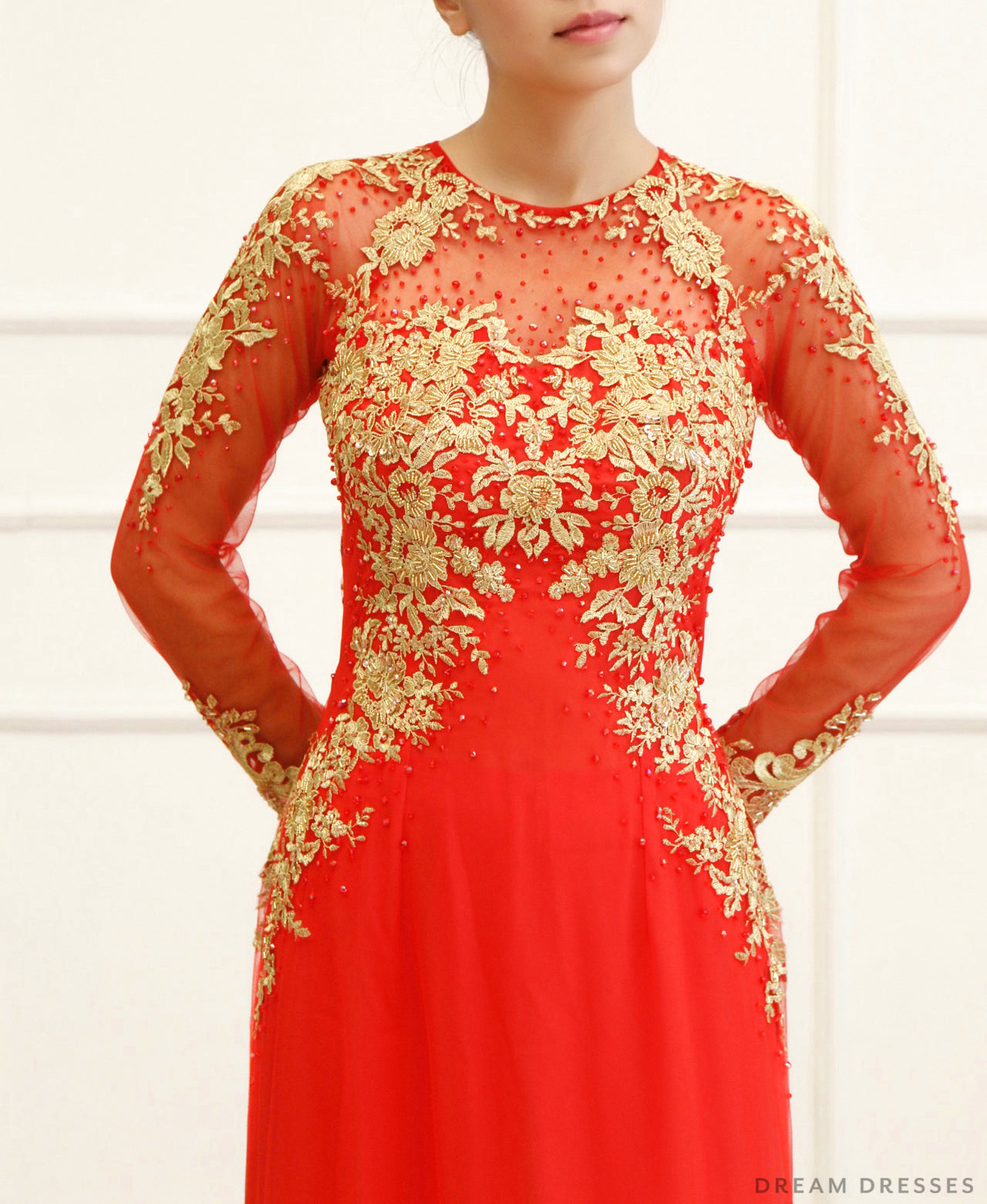 Red Bridal Ao Dai with Gold Lace | Vietnamese Bridal Dress (#KAIA)