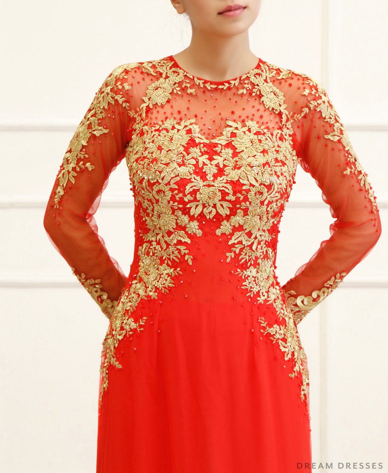 Red Bridal Ao Dai with Gold Lace | Vietnamese Bridal Dress (#KAIA) - Dream Dresses by P.M.N.